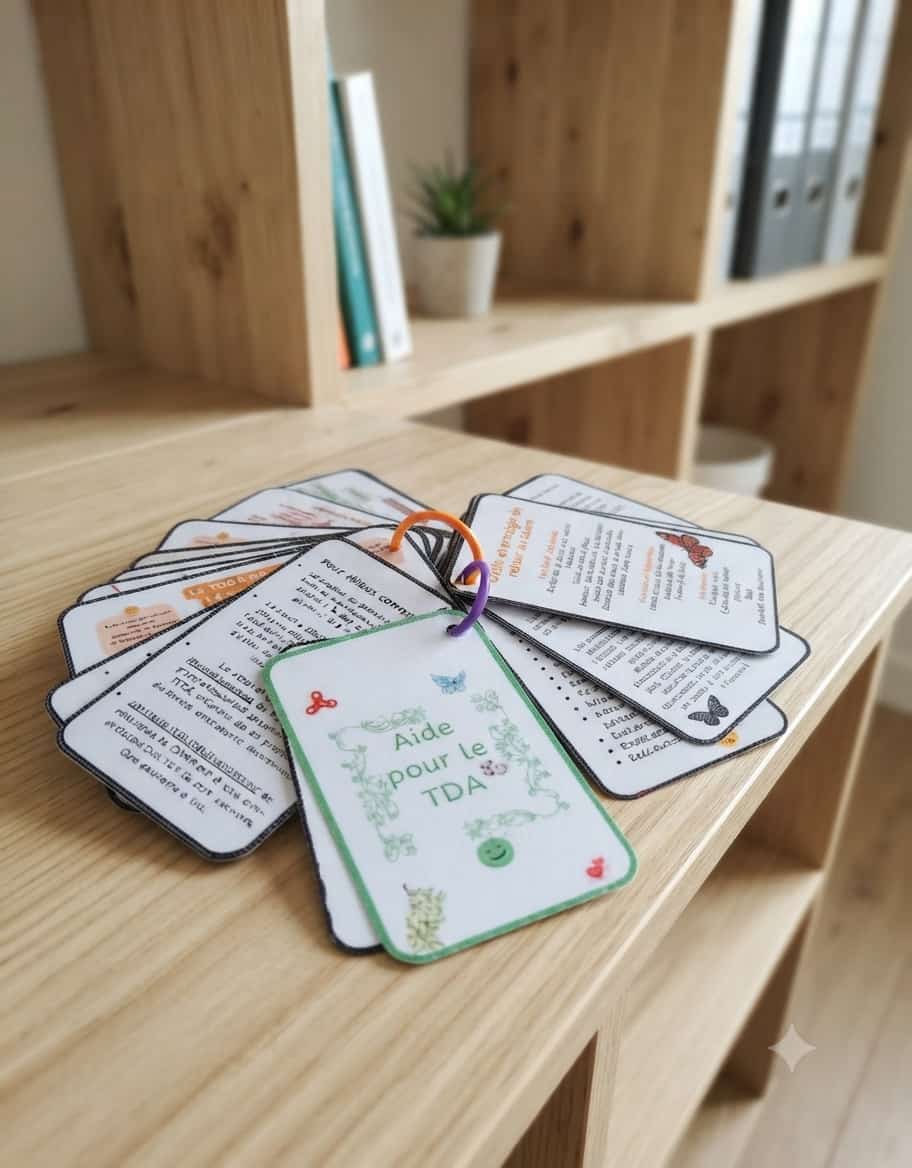 Trousseau de fiches plastifiées avec cartes mentales et infographies sur le TDAH régulation de la dopamine fonctions exécutives